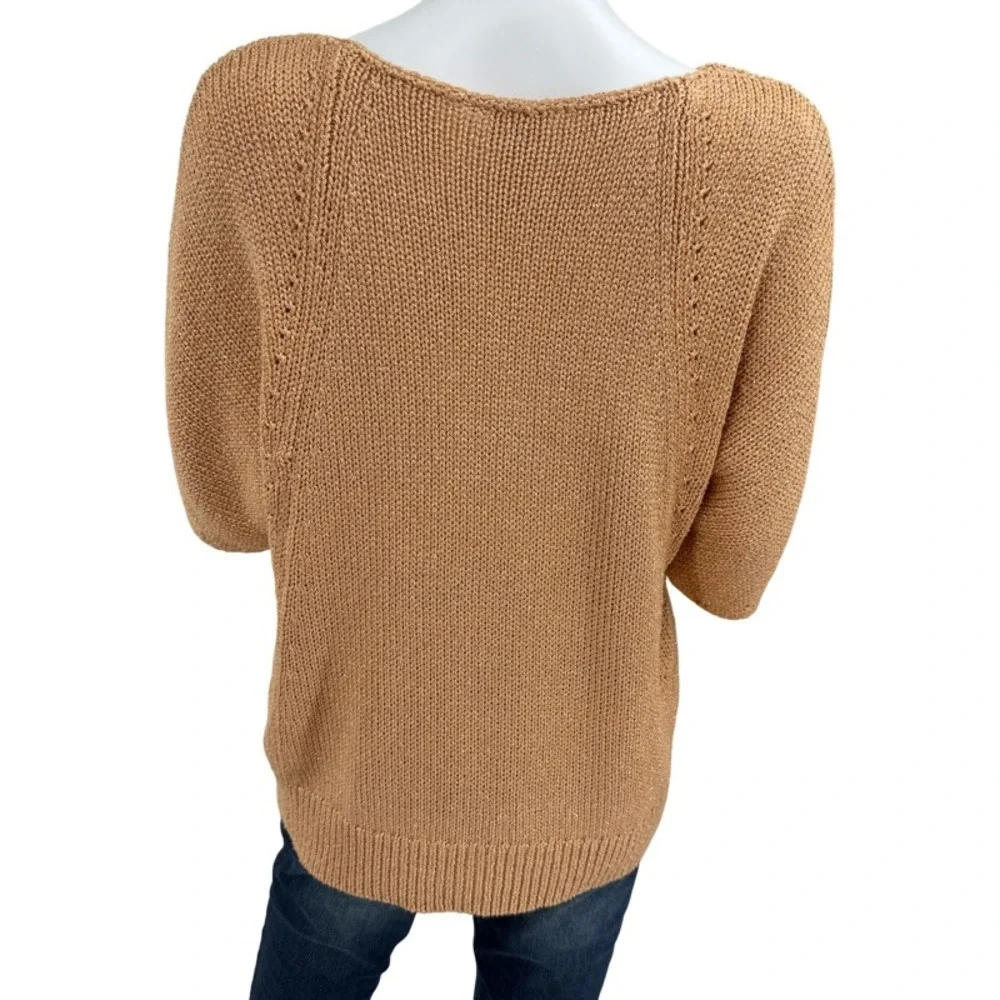 CHICOS Size Large Short Sleeve Sweater Peach Metallic Knit Pointelle Easter Wear